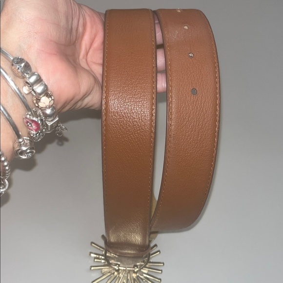 Boston Proper Tan Leather Belt with gold tone sunburst with stone size 12 / M - Picture 9 of 10